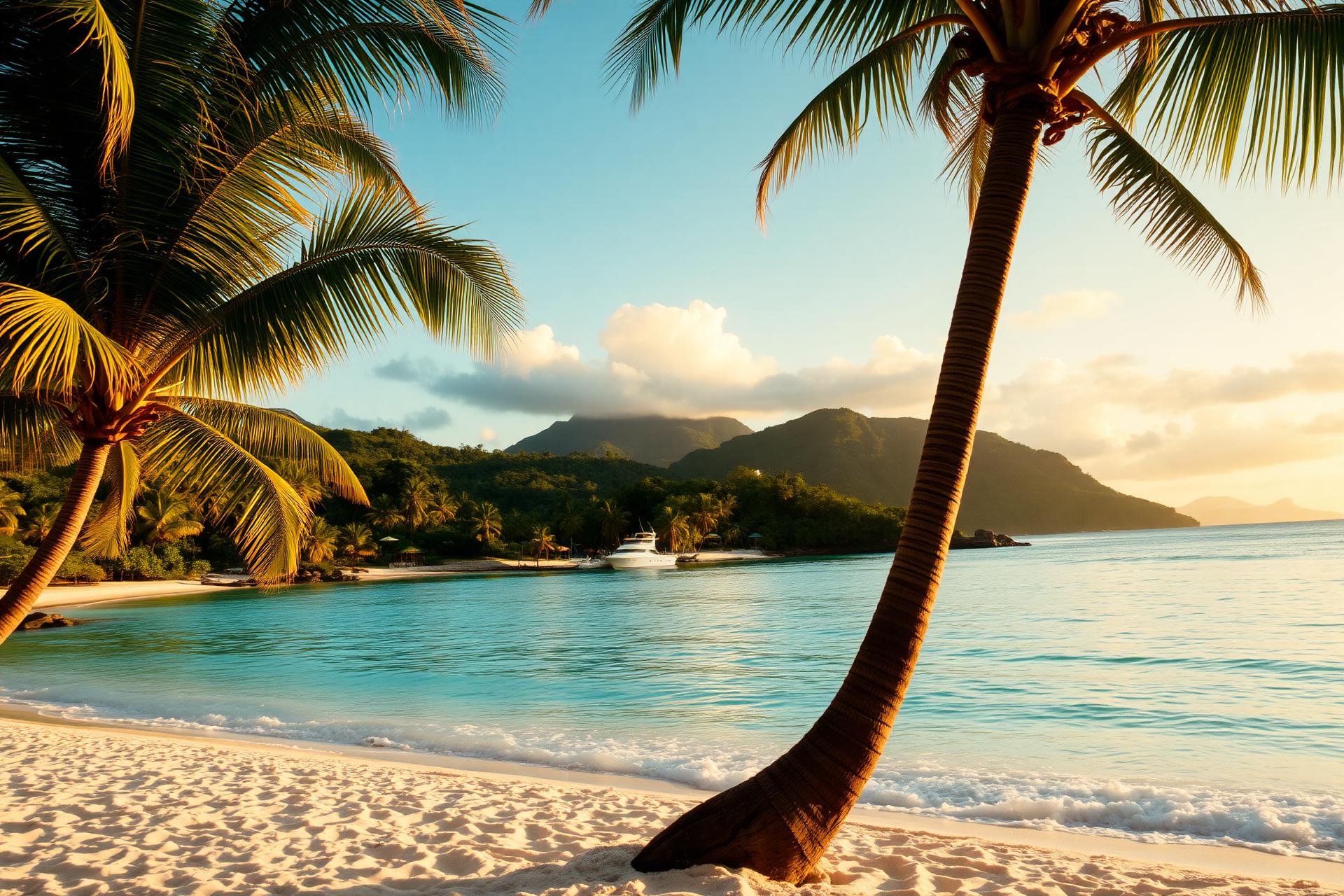 Palm-fringed Caribbean cove in Jamaica at golden hour