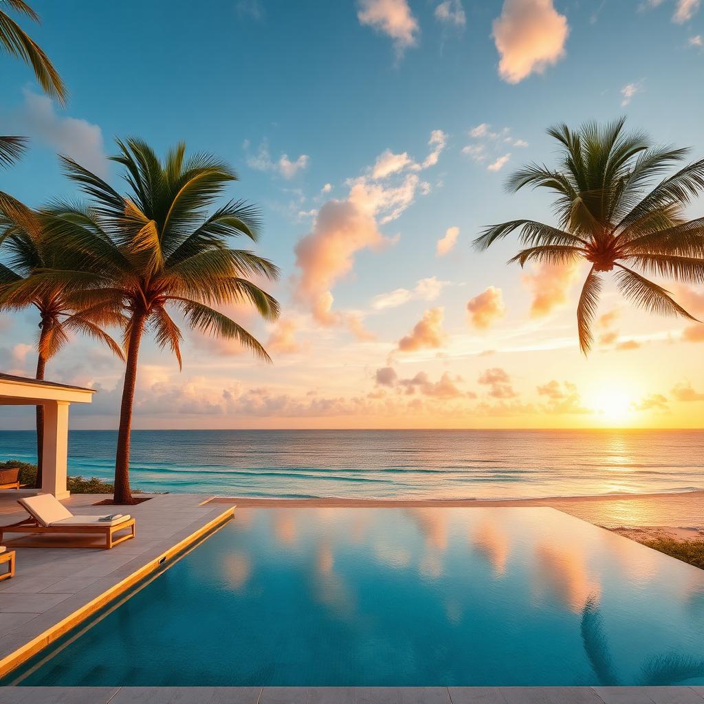 Beachfront Caribbean villa with infinity pool at sunset