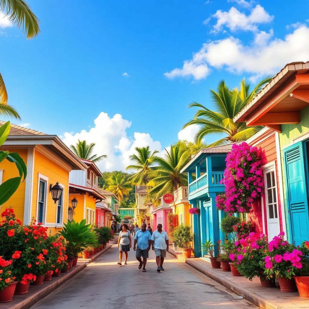Colorful Caribbean village street with bougainvillea
